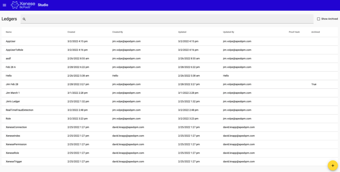 Xenese Studio app showing Ledgers