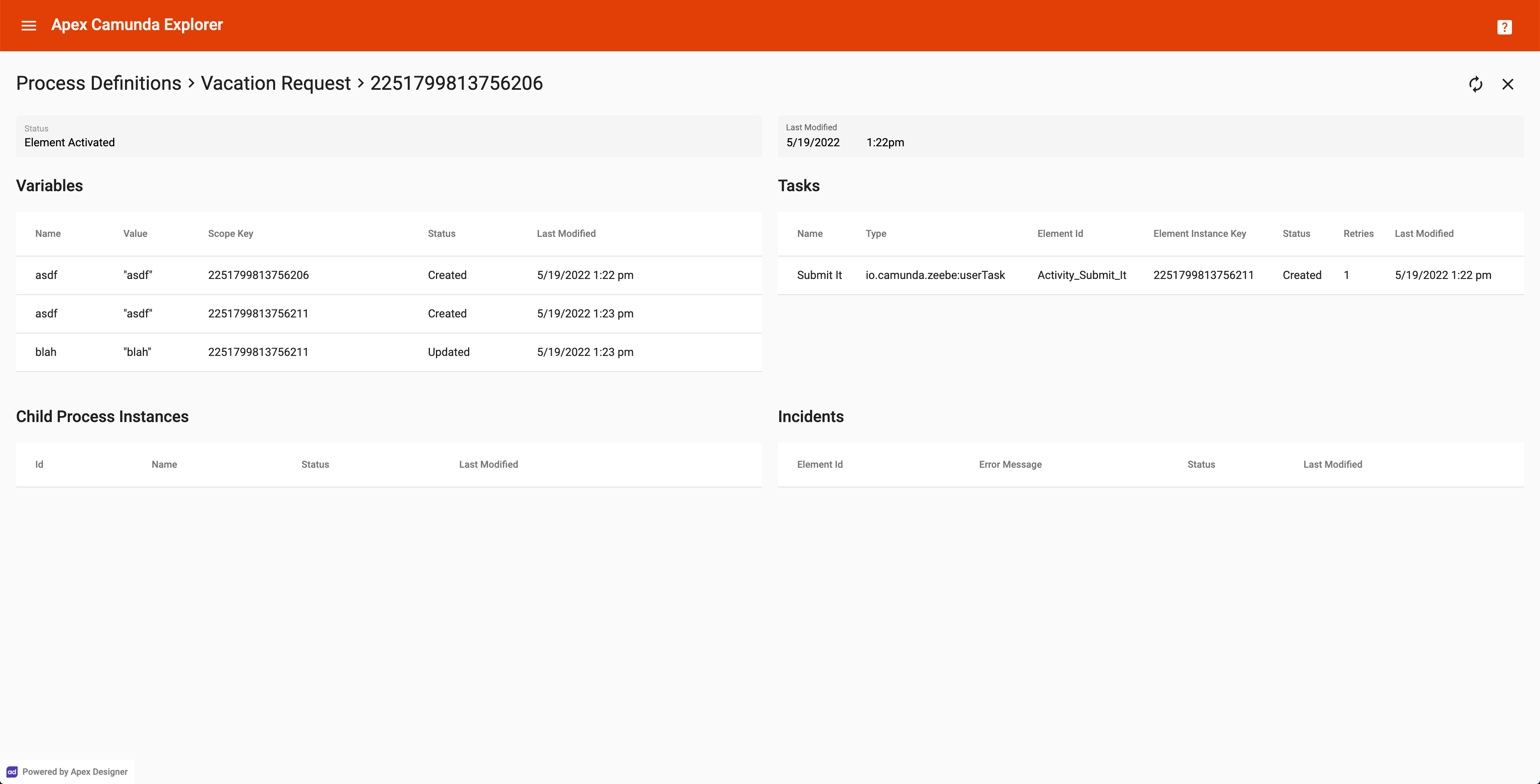 Screen Shot of the Process Instance Page