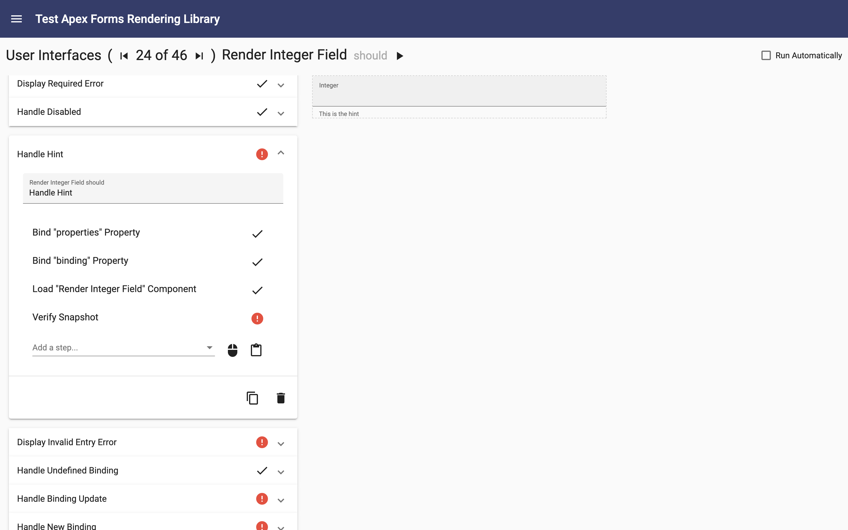 Failed test showing status of each step in a test