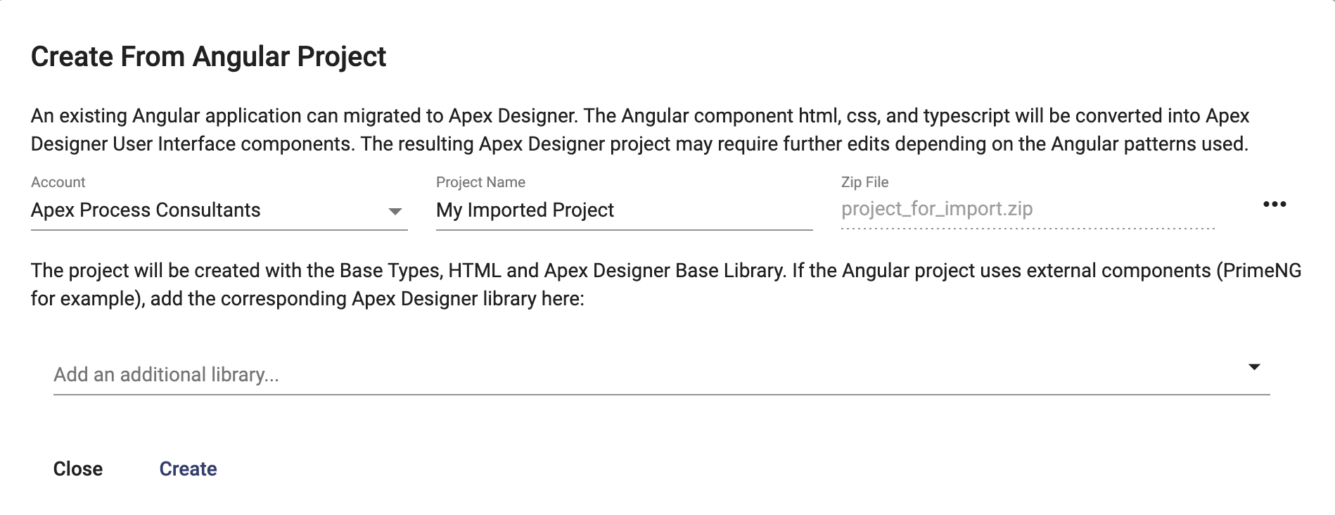 Create From Angular Project dialog
