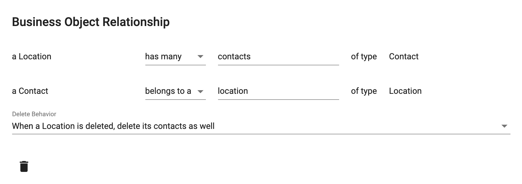 Business object relationship dialog