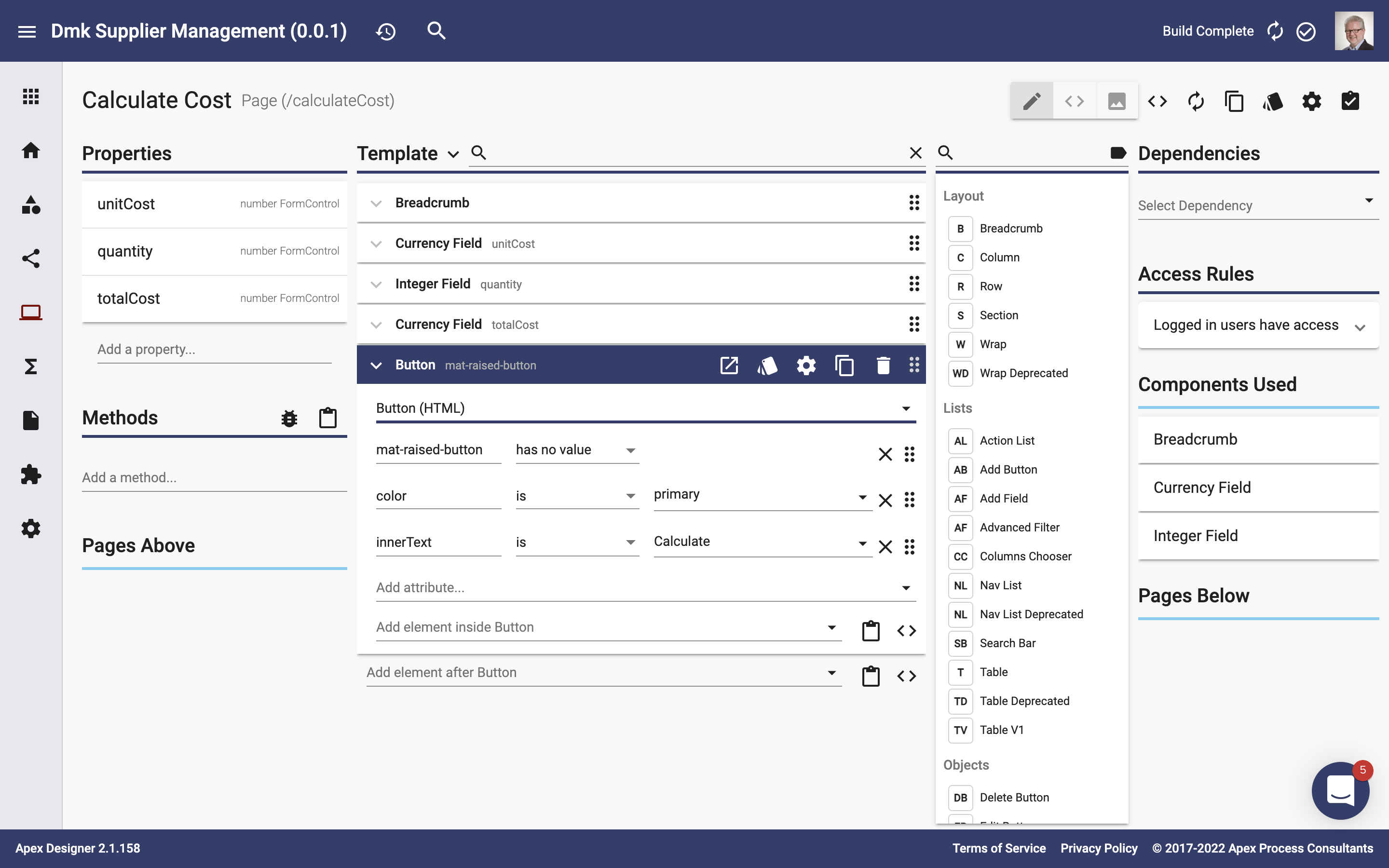 Calculate cost page in Apex Designer