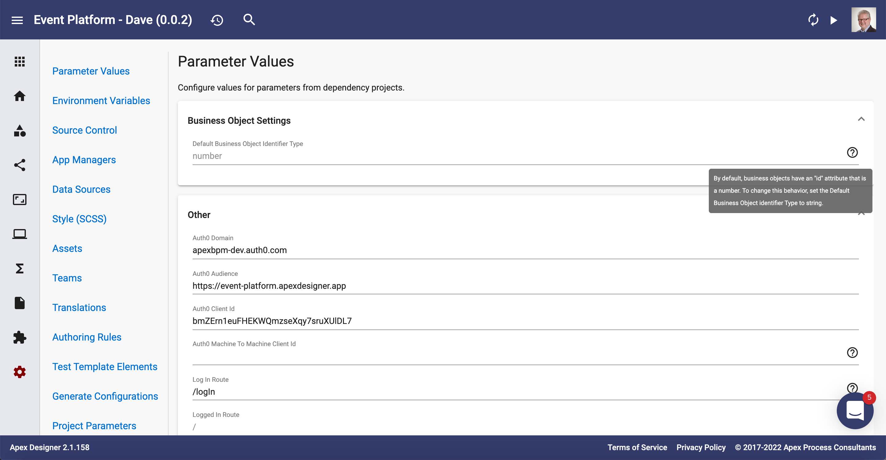 Project parameter page