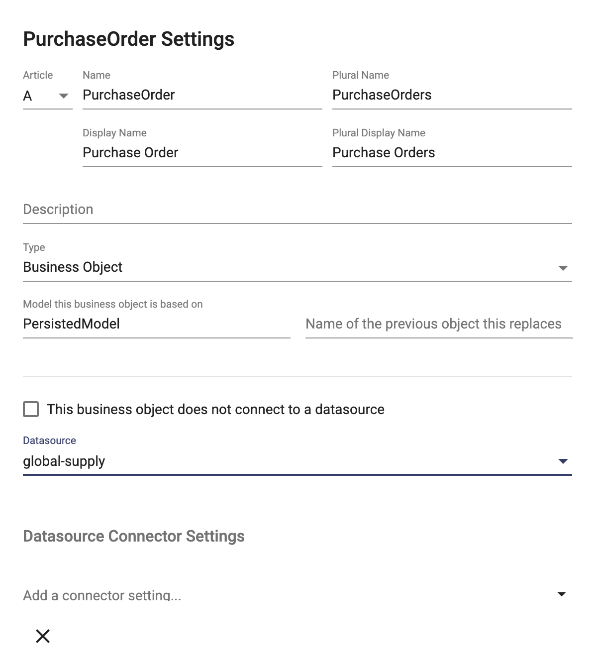 Business object properties dialog