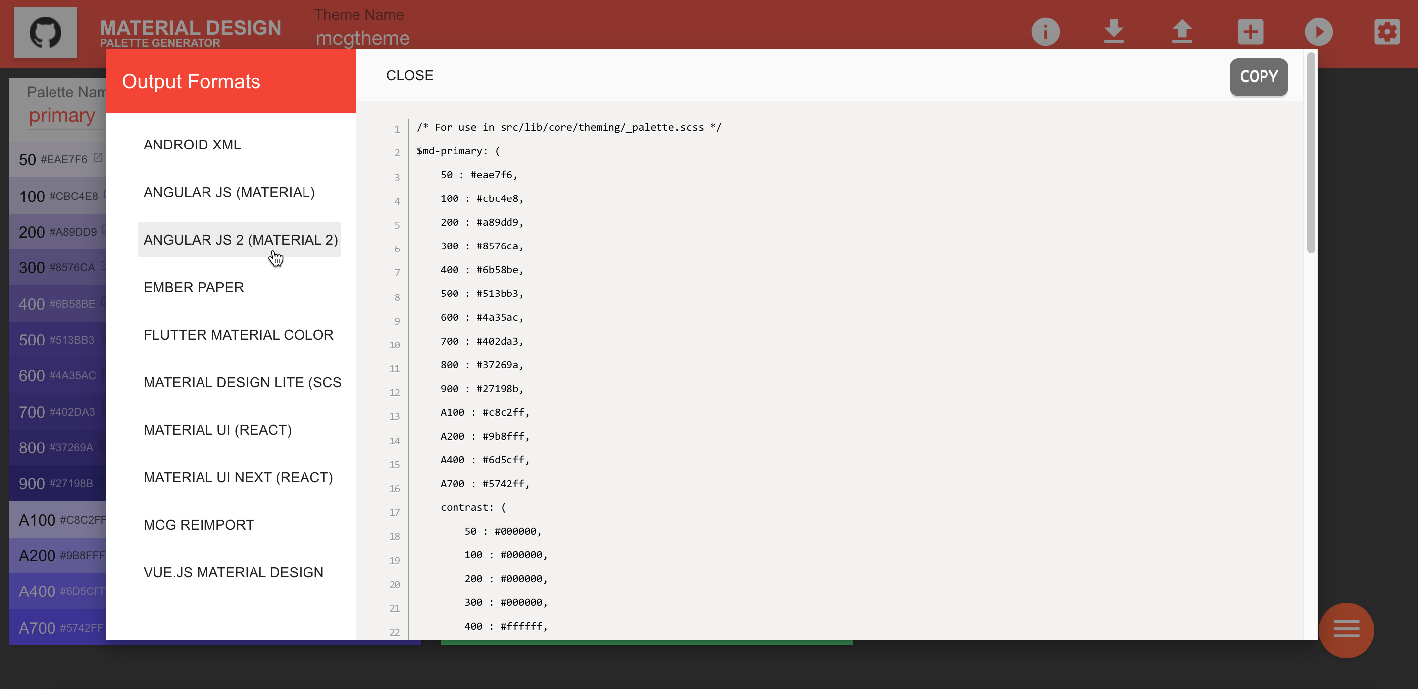 Export dialog from the material design palette generator