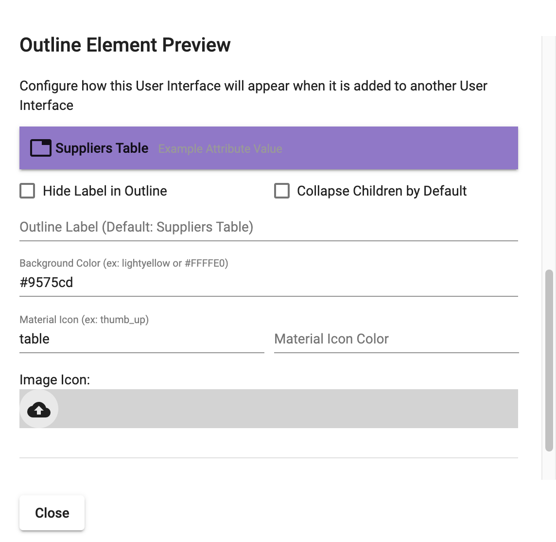 Outline Element Preview section of the settings dialog