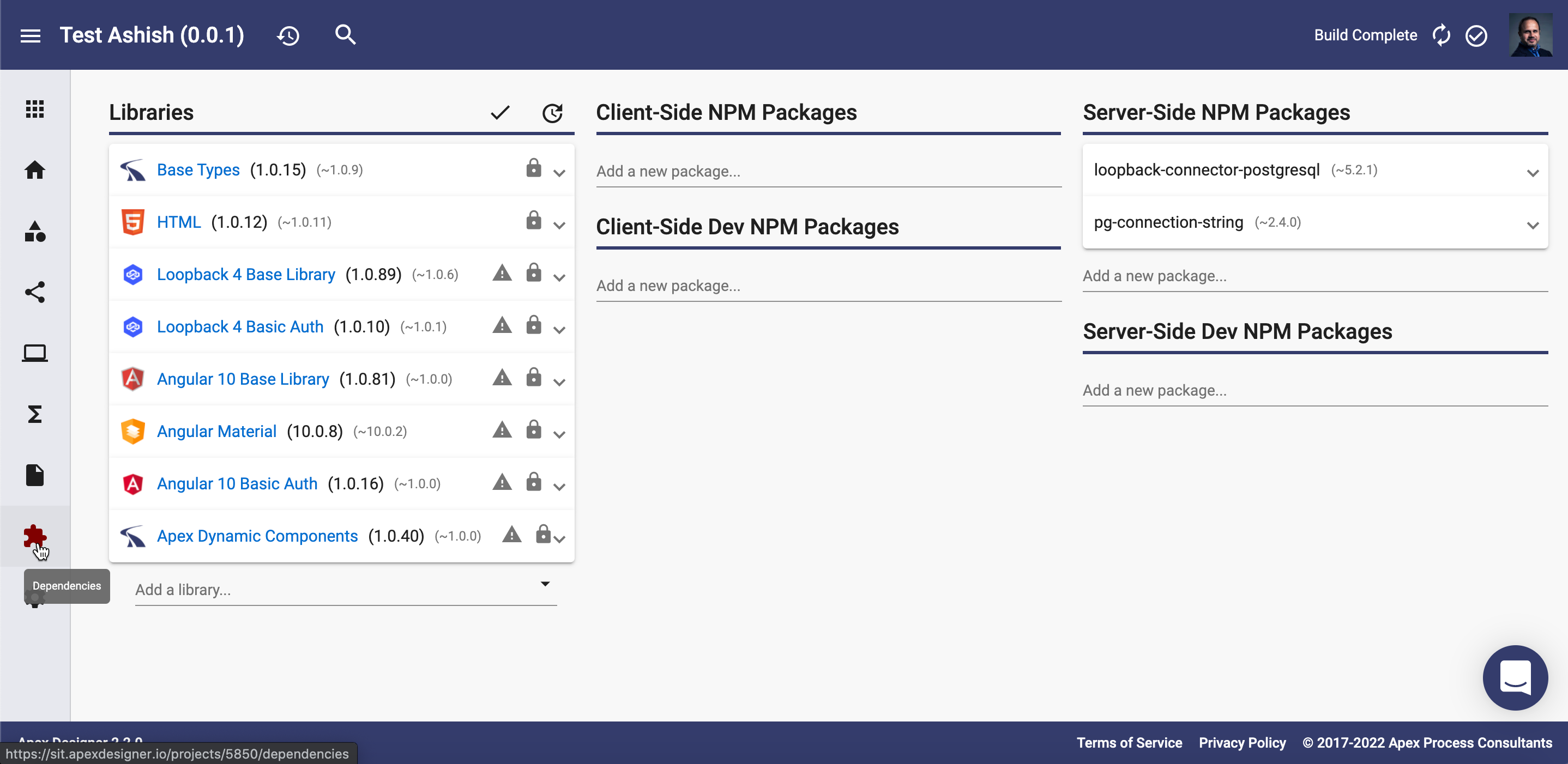 Dependencies page listing all dependencies