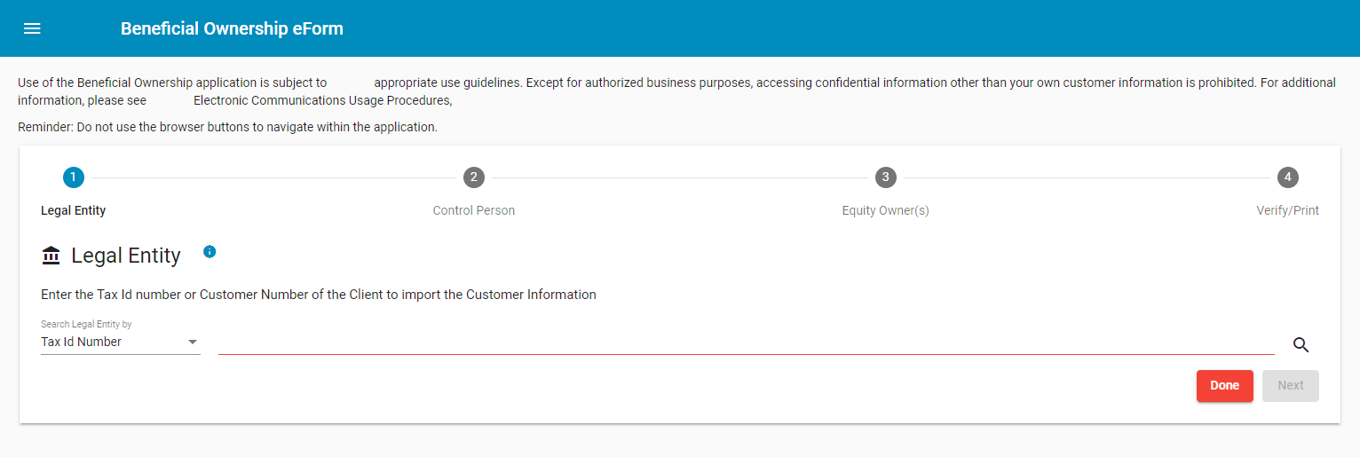 Legal entity search window