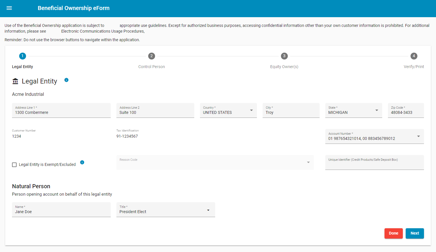 Legal entity entry page