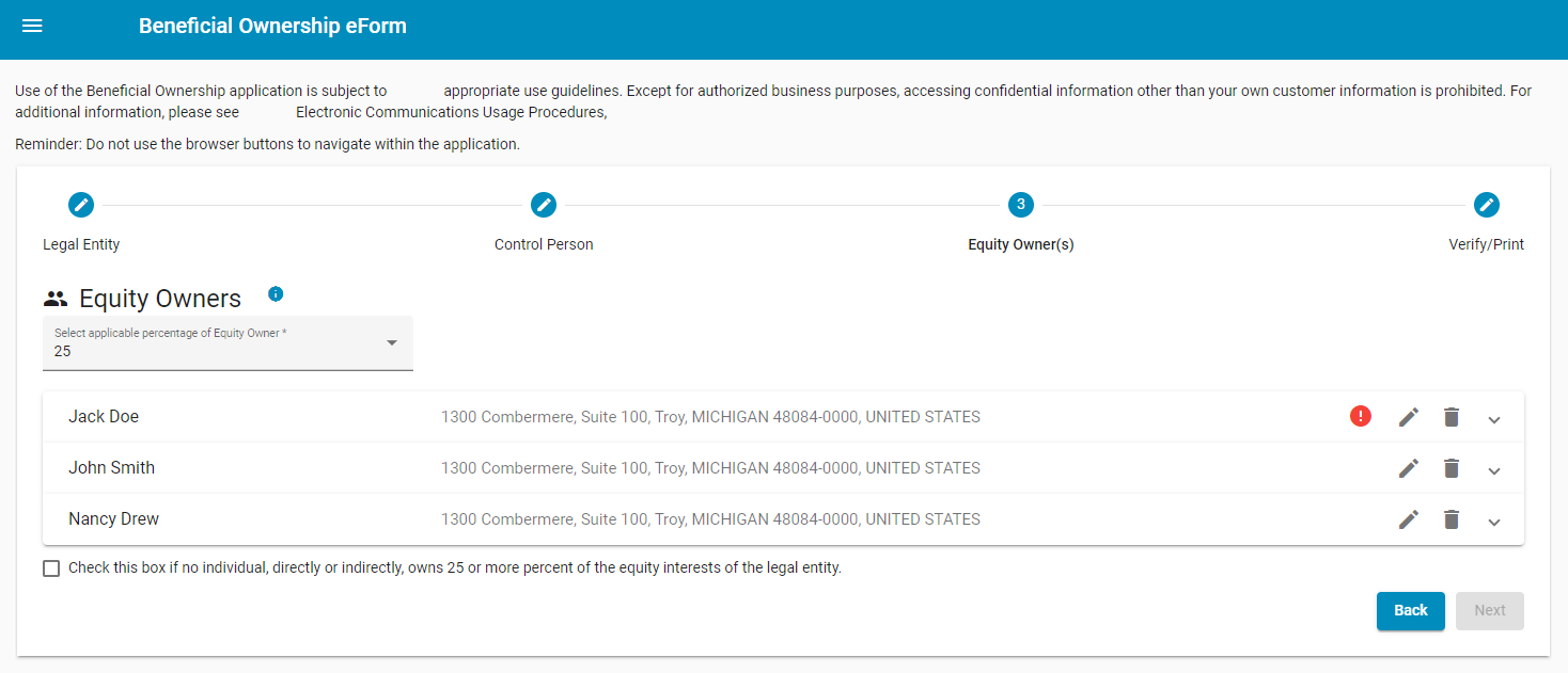 Equity owners list page