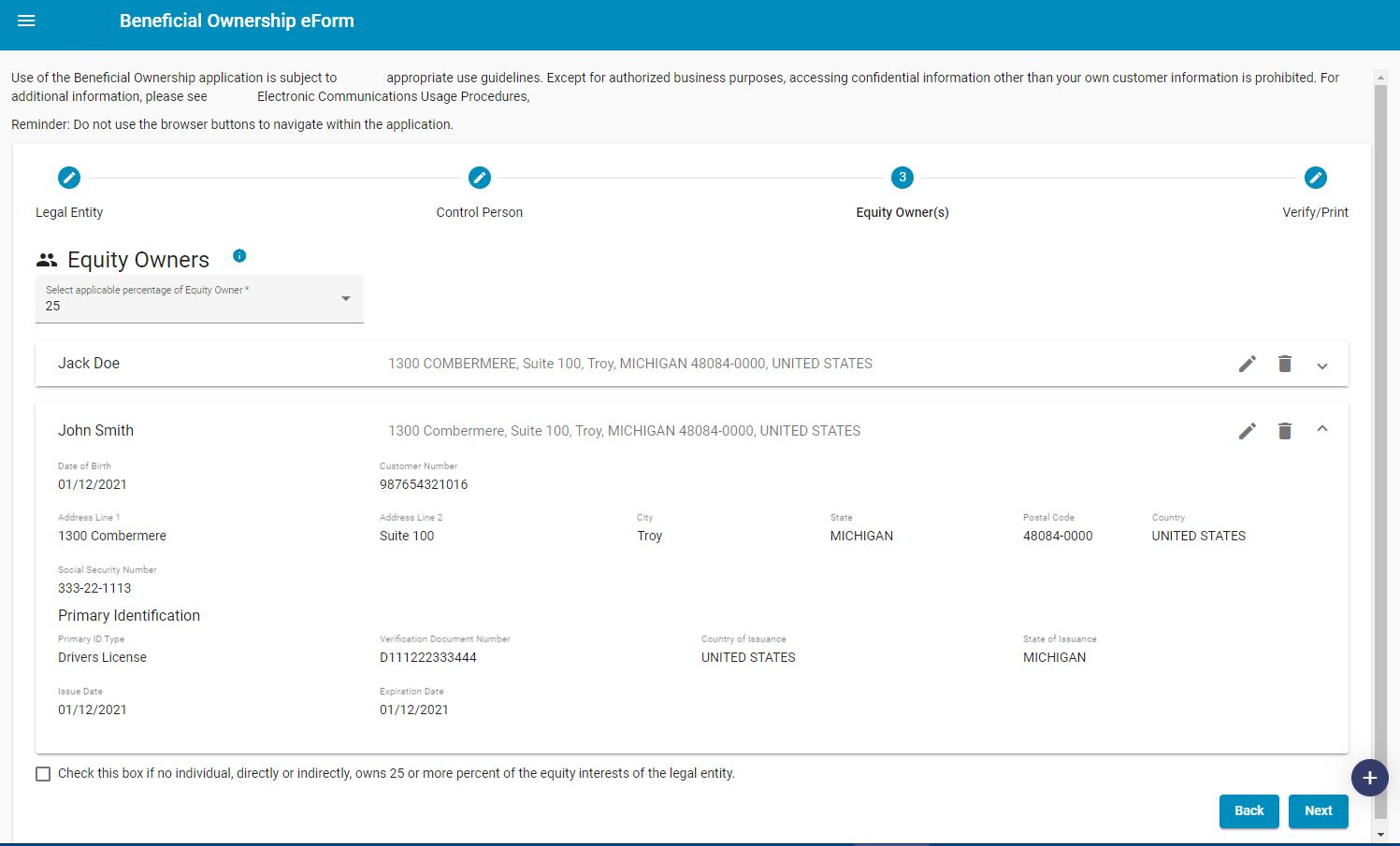 Equity owner list page with an expanded equity owner panel