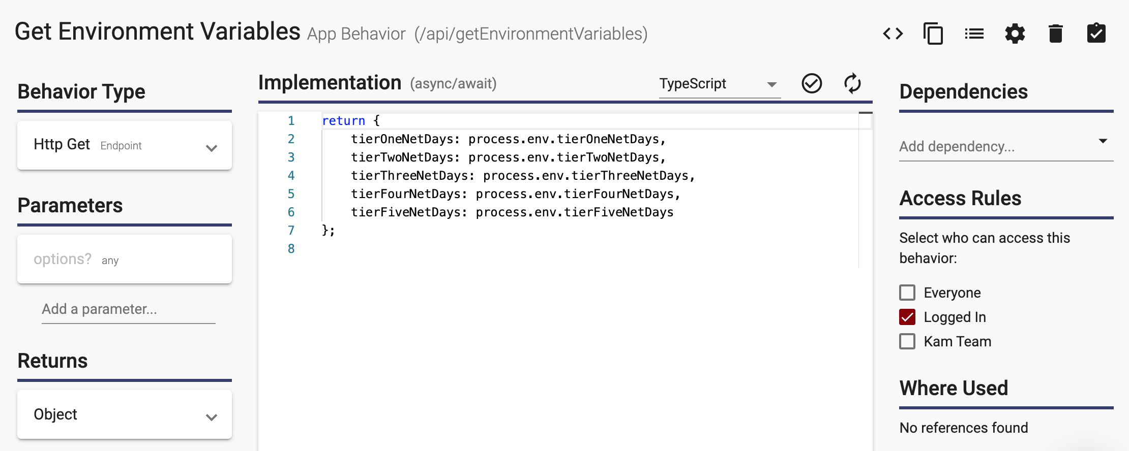 Application level behavior definition page