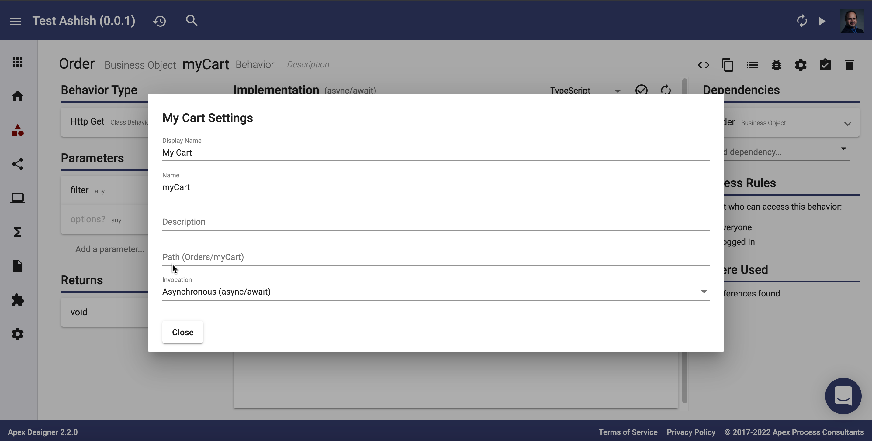 Business object behavior settings dialog