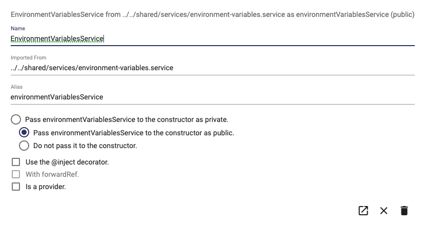 Dependency dialog defining a service on a client