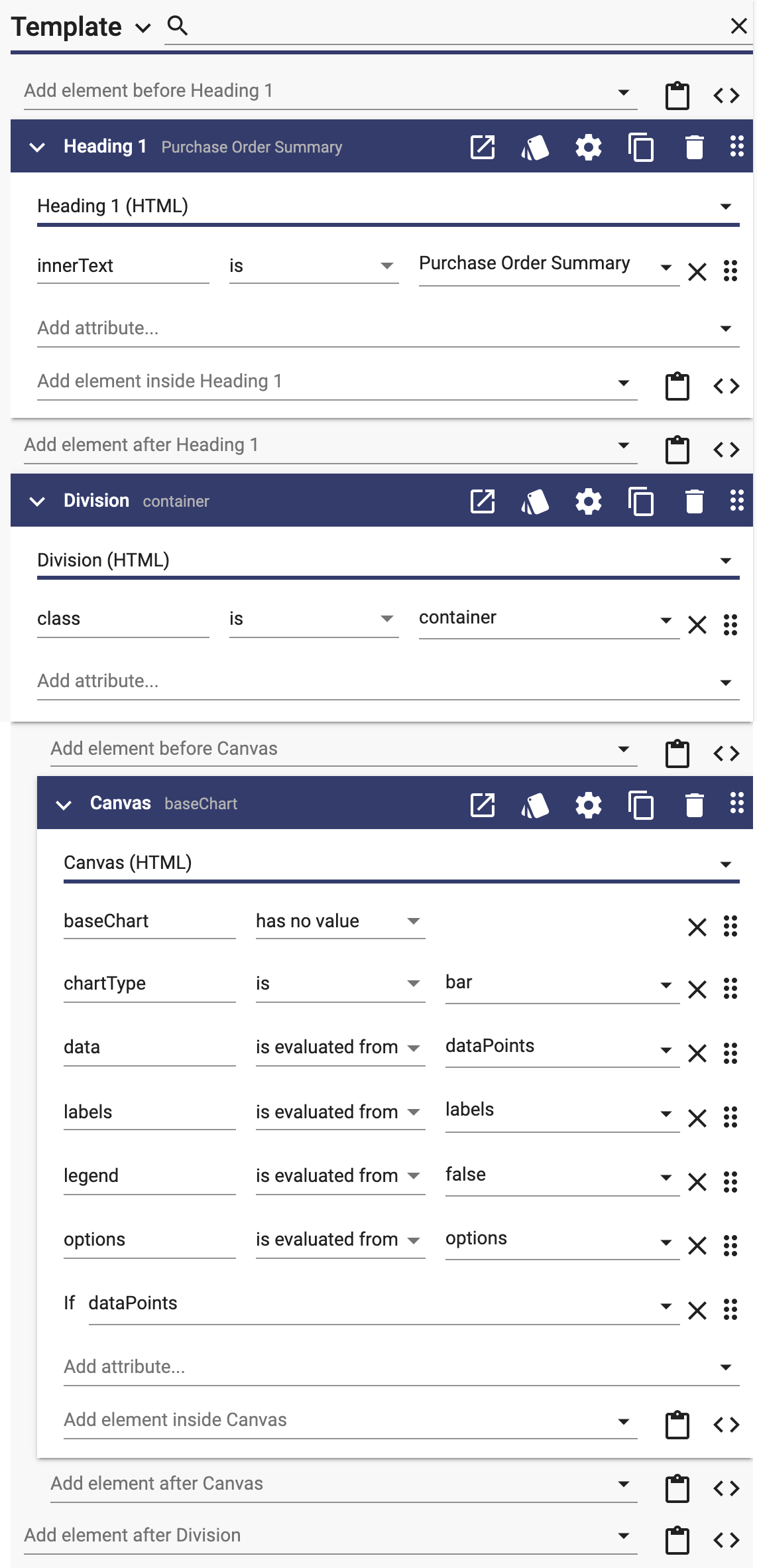 User Interface showing the template and components for a chart