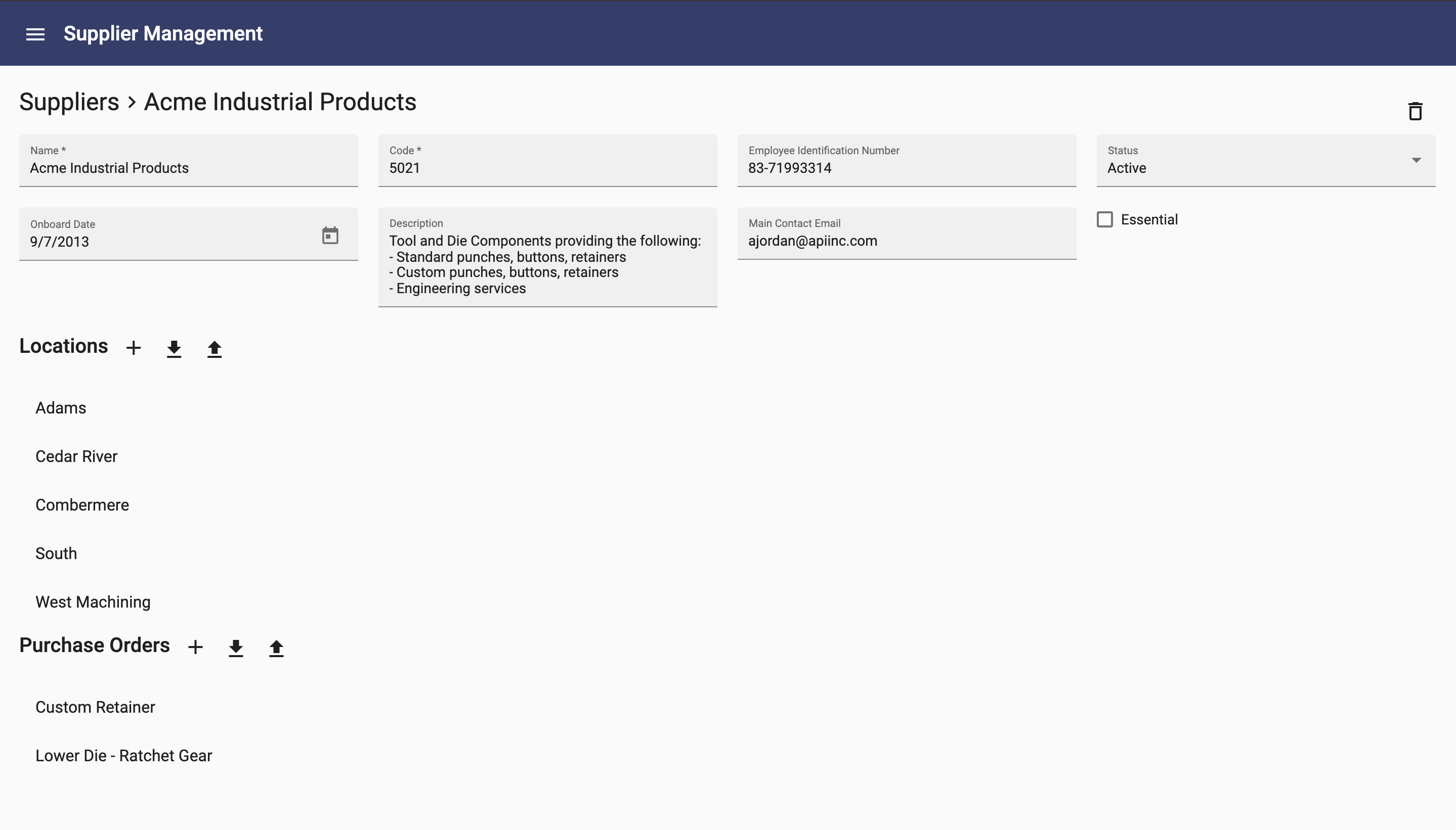 Supplier page with locations and purchase orders