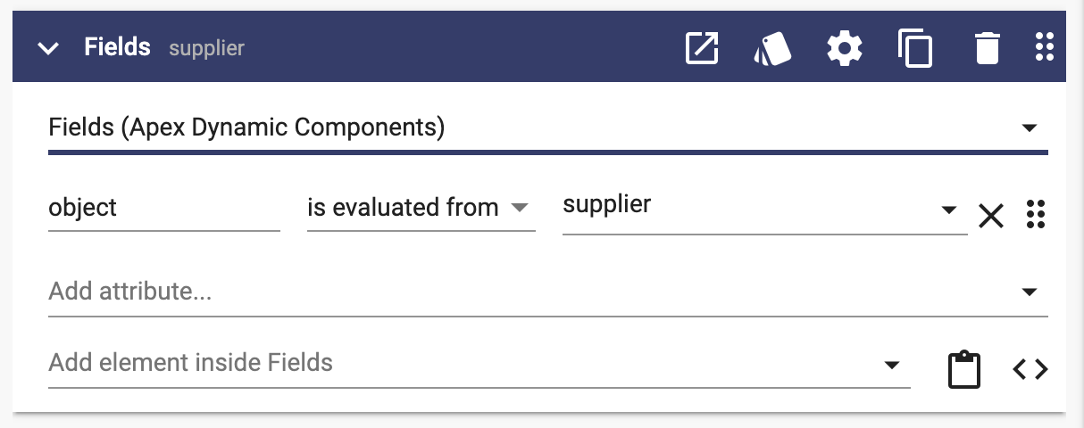 Fields component in Apex Designer, configured with supplier