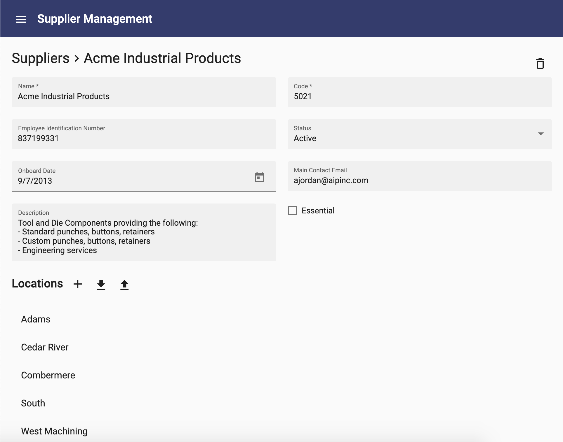 Supplier page example