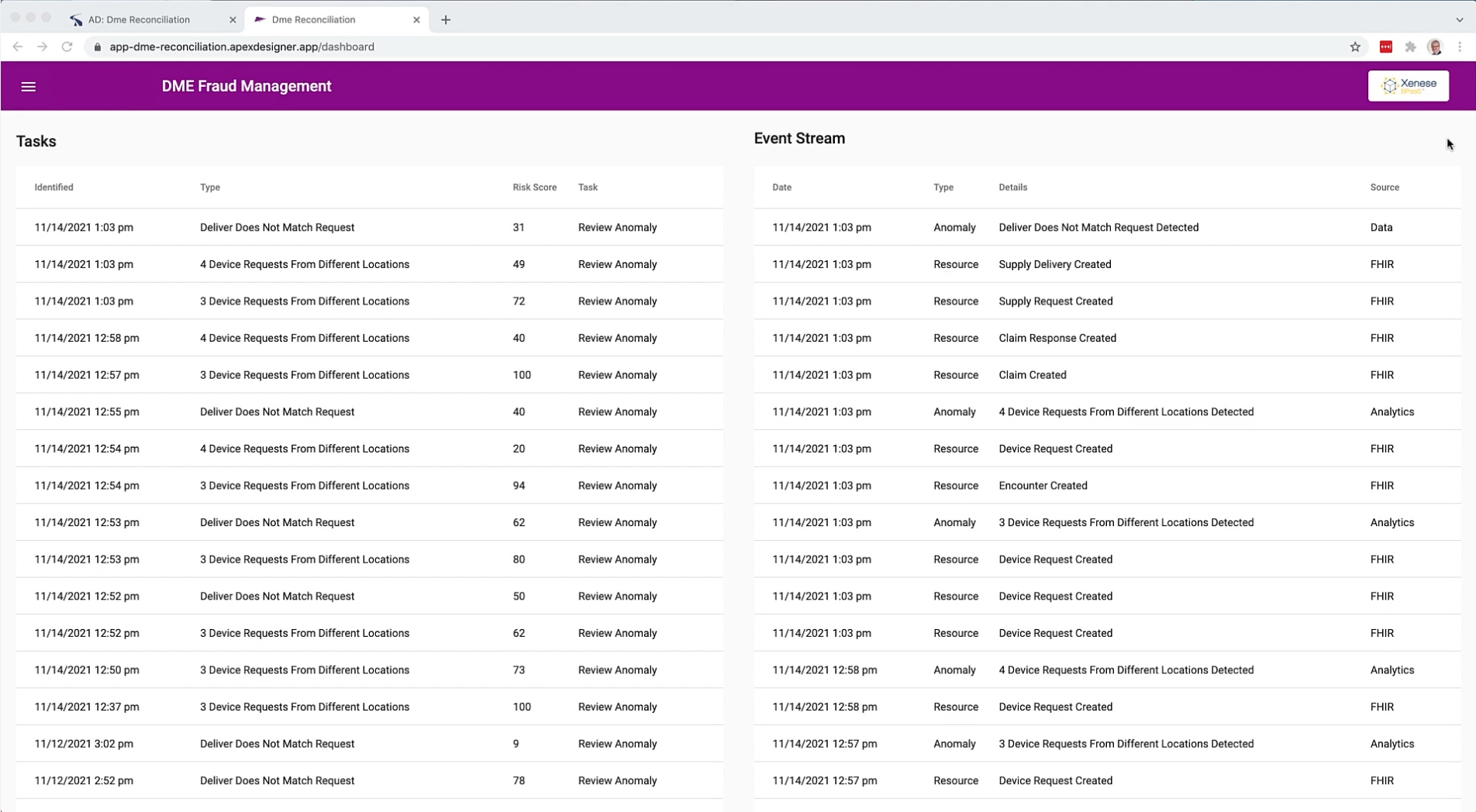 DME Fraud App showing event data and tasks