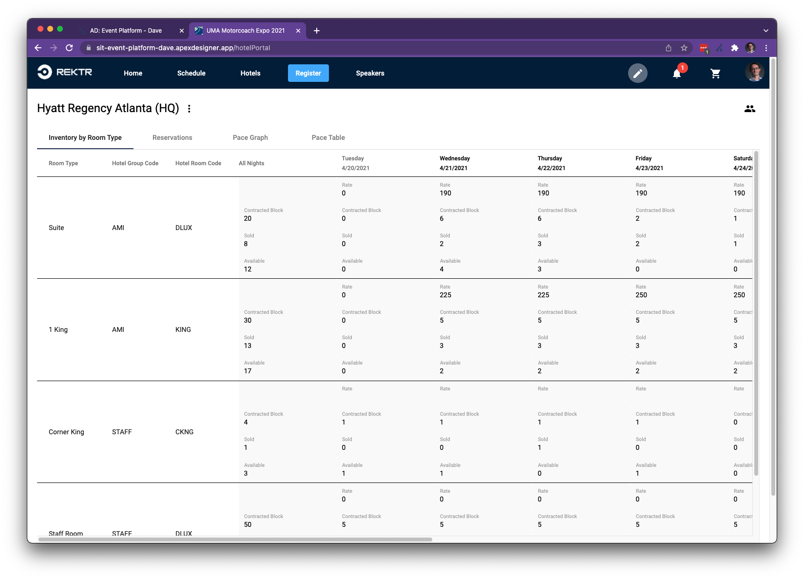 Screenshot of Event Management app showing hotel booking status for admins