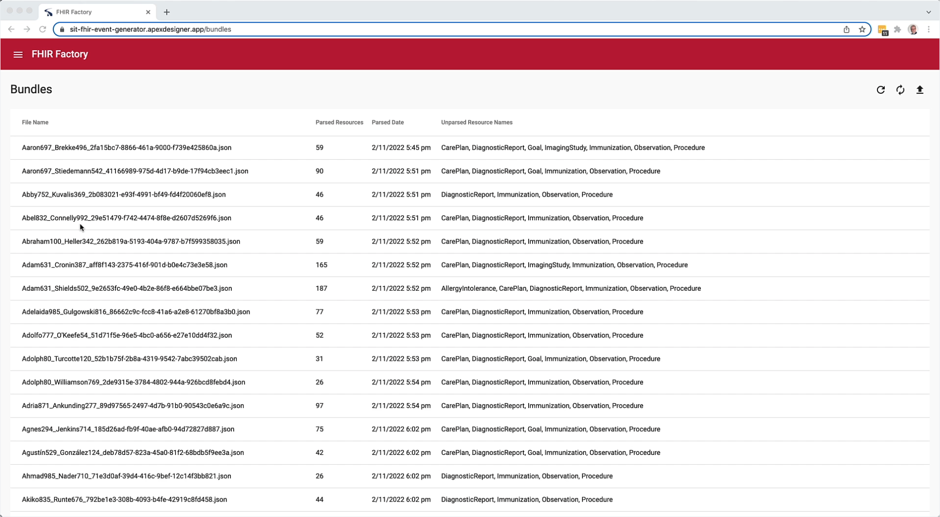 FHIR Factory showing imported FHIR bundles