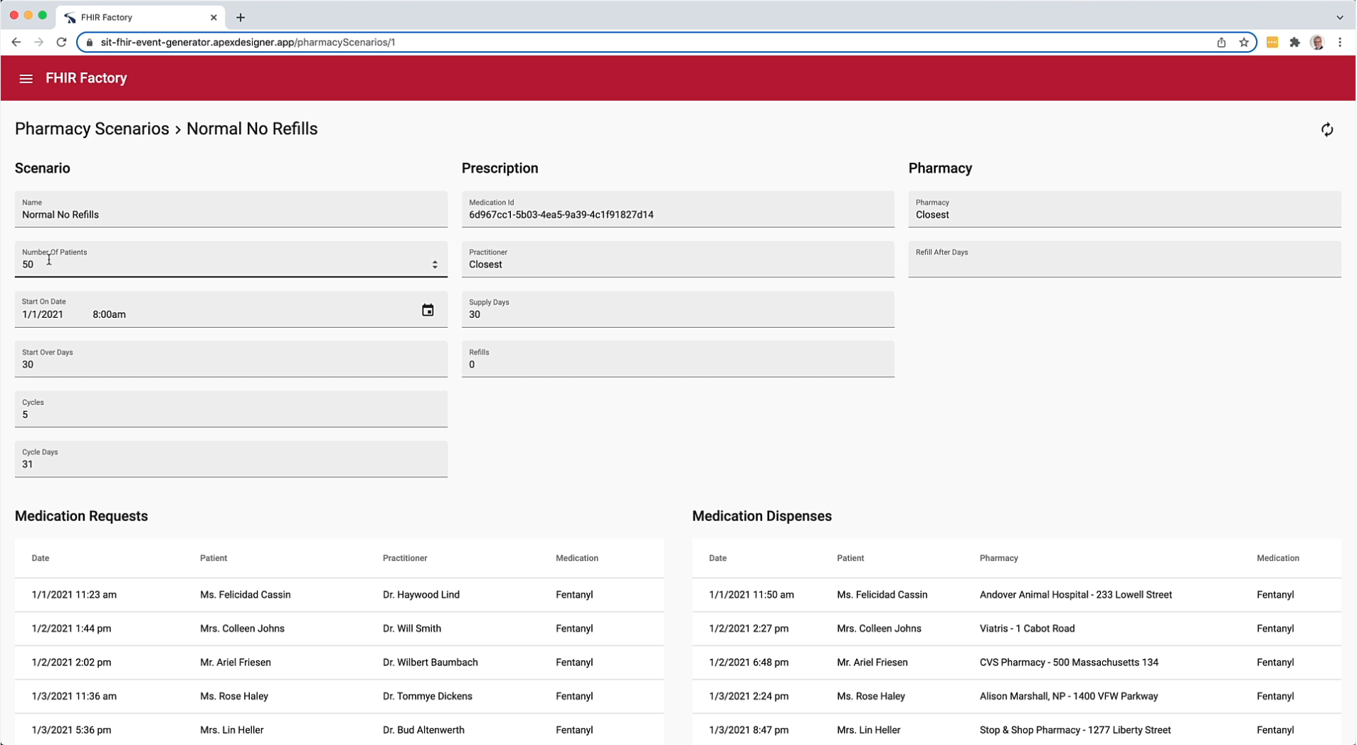 FHIR Factory showing event batch configuration