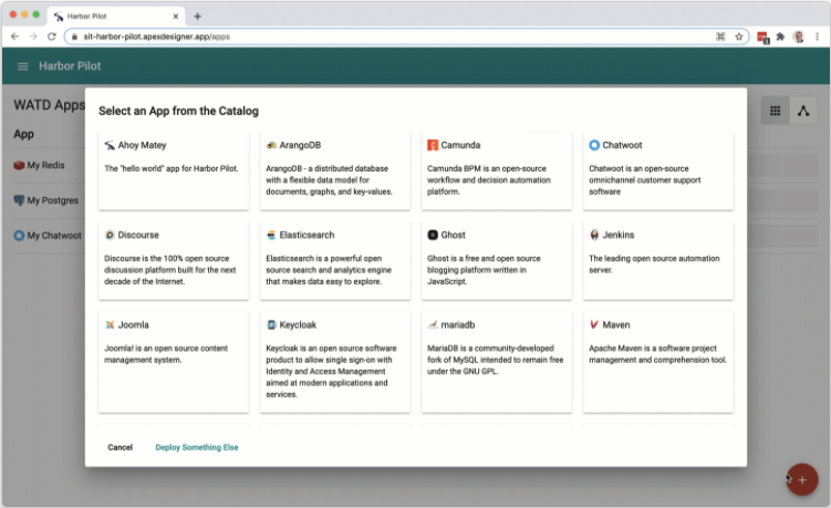 Harbor Pilot showing deployment of an app from a catalog